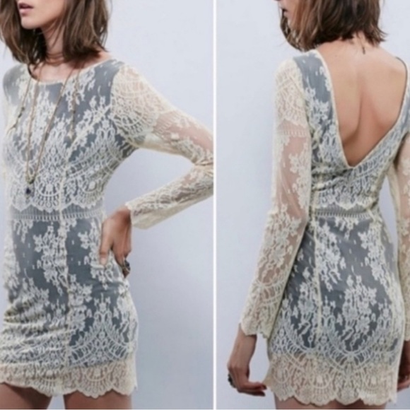Free People Dresses & Skirts - Women’s Free People Lace Open V Back Dress Long Sleeve Lined Boho Size Small